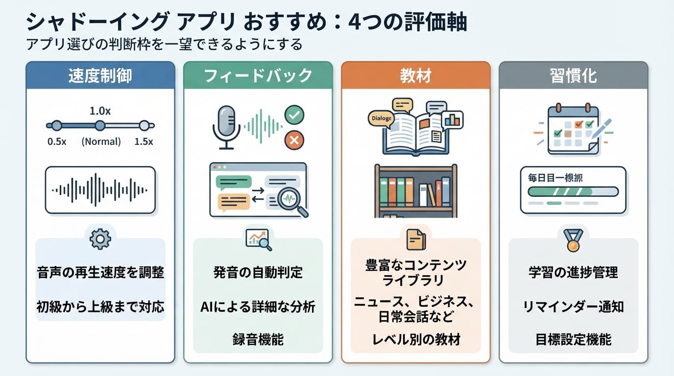 シャドーイング アプリ おすすめのワークフロー図。