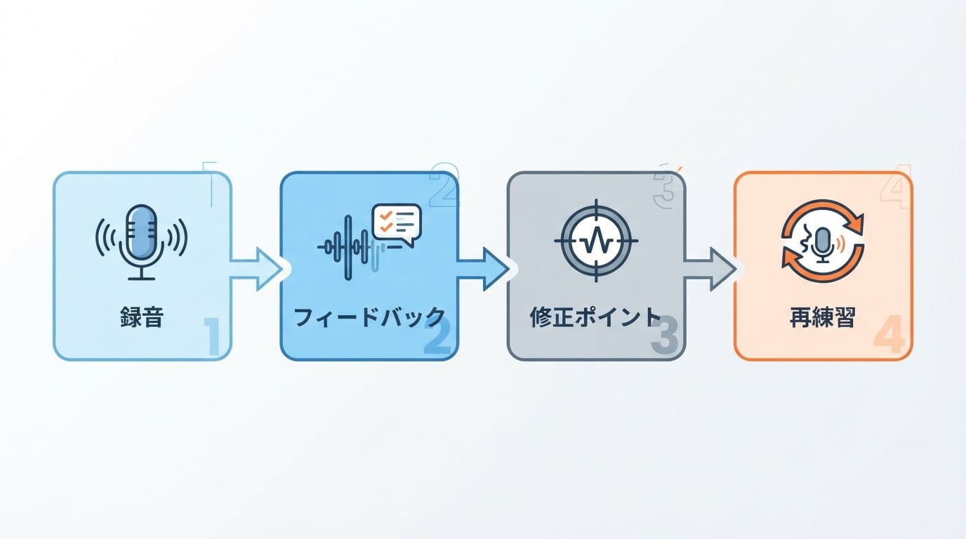 英語発音矯正 アプリのワークフロー図。