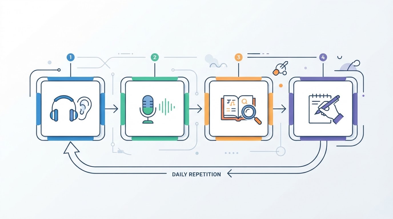 Workflow diagram for language learning apps.