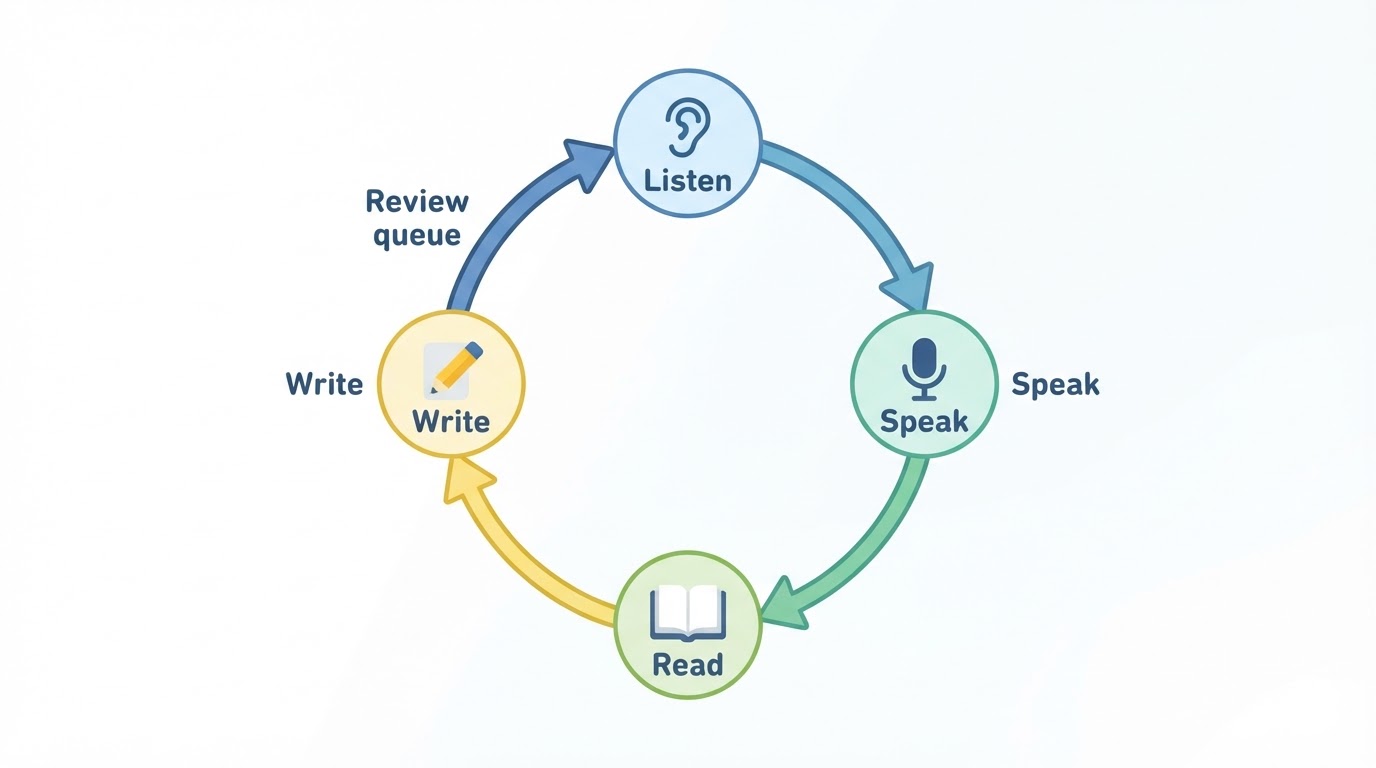 Workflow diagram for language learning app.